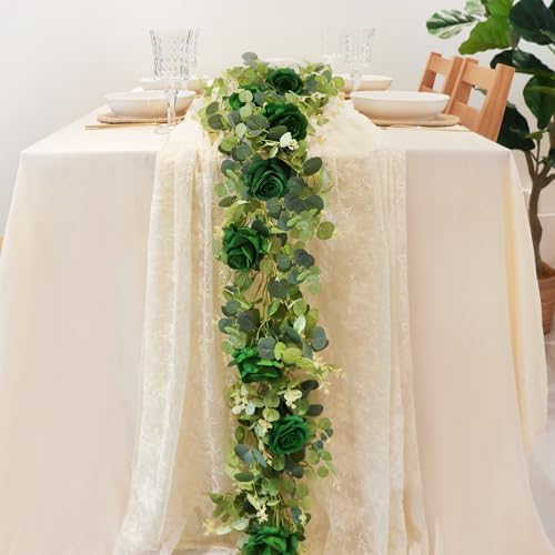 1 Pack Artificial Garland Eucalyptus Vine with 12 Roses for Home Decor Wedding Table Runner Centerpiece DIY Wreath Decor (Green) - Image 2