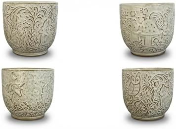 Ceramic Animal Embossed Planter Pots with Drainage Holes and Saucers, 4 Inch, Set of 4, Assorted Designs by Claybourne