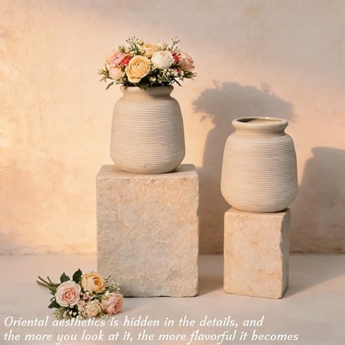 Ceramic Vase Set of 2 Ribbed Matte Rustic Farmhouse Decor - Image 6