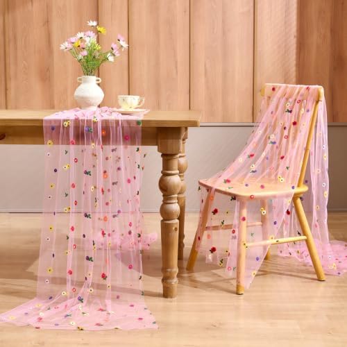 Pink Floral Table Runner Embroidery Daisy Spring Seasonal Table Linens - Image 4