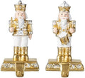 Glitzhome Nutcracker Christmas Stocking Holders, Set of 2 Gold and White Polyresin Mantel Hooks for Fireplace, Holiday Decor with Non-Slip Base by Glitzhome
