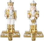 Glitzhome Nutcracker Christmas Stocking Holders, Set of 2 Gold and White Polyresin Mantel Hooks for Fireplace, Holiday Decor with Non-Slip Base by Glitzhome
