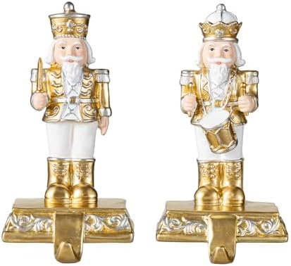 Glitzhome Nutcracker Christmas Stocking Holders, Set of 2 Gold and White Polyresin Mantel Hooks for Fireplace, Holiday Decor with Non-Slip Base by Glitzhome