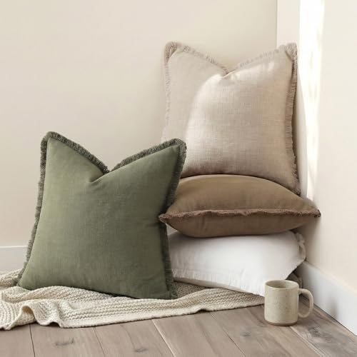 decorUhome Linen Fringe Olive Green Throw Pillow Covers 24x24 Set of 2 - Image 5