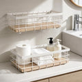 TJ.MOREE Small Metal Wire Basket, Decorative Wood Base Organizer for Bathroom, Kitchen, Basket for Toilet Paper Storage, Sugar Packet, Coffee Syrup, Guest Towel Napkin, White 2-Pack by TJMOREE