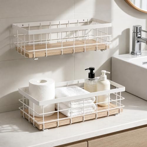 TJ.MOREE Small Metal Wire Basket, Decorative Wood Base Organizer for Bathroom, Kitchen, Basket for Toilet Paper Storage, Sugar Packet, Coffee Syrup, Guest Towel Napkin, White 2-Pack by TJMOREE