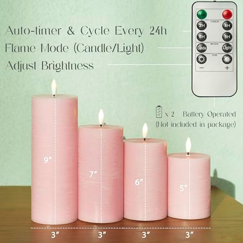 LUSHARBOR Flameless Candles, 4 Pack Battery Operated Candles with Remote, Real Wax LED Fake Candles with Timer Flickering for Christmas Wedding Home Party D3 H 5" 6" 7" 9" Pink - Image 4