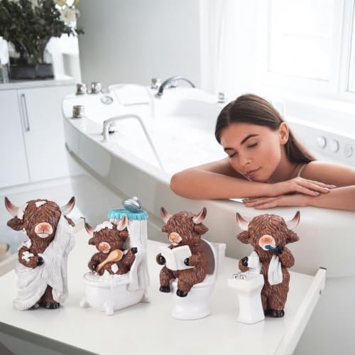 Simgoing 4 Pcs Farmhouse Highland Cow Bathroom Decor, Resin Cow Figurines - Image 4