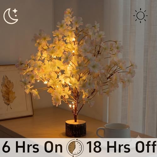 19'' Lighted Cherry Blossm Tree,Led Flower Tree Lamp with Timer, Artificial Bonsai Tree Battery or USB-C Operated for Bedroom Indoor Home Spring Summer Wedding Decor(White Pink) - Image 3