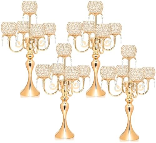 Set of 4 Candlesticks 5 Arm Crystal Strap Pendant Gold Table Decor Candelabra, 22.5 inches Elegant Dining Room Centerpieces for Holiday Parties Weddings (4, Gold) by kehail