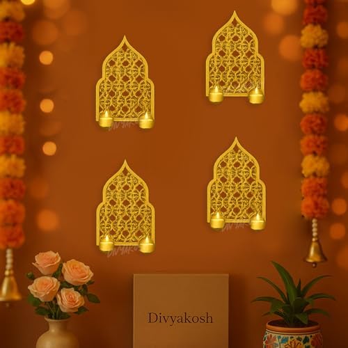 Divyakosh Wall Mounted Tealight Candle Holder (Set of 4) – Gold Iron Jharokha Design Wall Hanging T-Light Holders for Home Decor, Diwali Decoration, Pooja Room, Festive Wall Art - Image 2