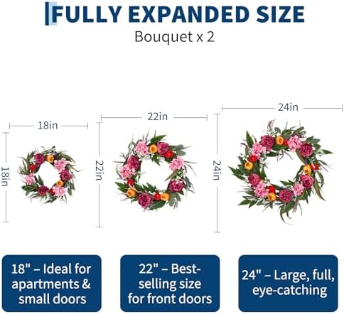 18in Summer Wreath for Front Door, Realistic Artificial Floral Door Wreath with Real Rattan Base, Includes 2 Matching Bouquets, Fake Flower for Spring Front Home, Mother's Day - Image 3