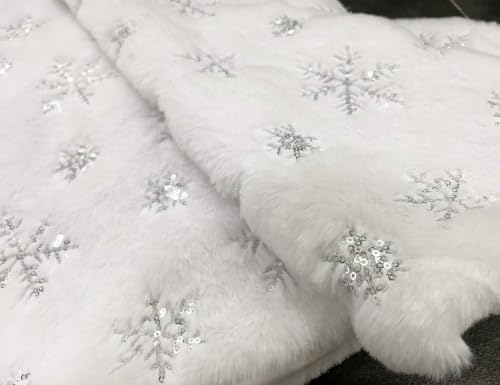 CHICHIC 72 Inch Faux Fur Christmas Tree Skirt with Sequin Silver Snowflakes - Image 4