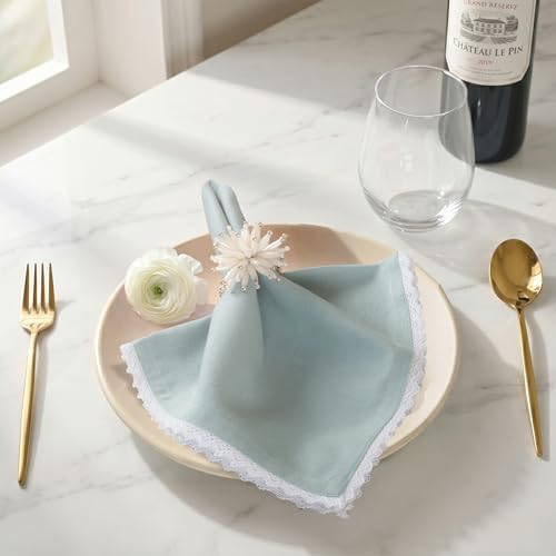 FINGERCRAFT Lace Cloth Napkins, Cotton Linen, 12 Pack, 20x20 Inch, Aqua - Image 2