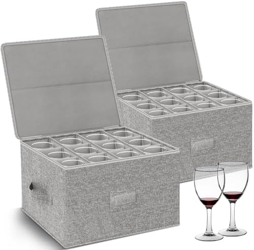 Wine Glass Storage Box with Dividers, 2-Pack Stemware Storage Containers w/Hard Shell Top Sides Bottom, Stackable Moving Boxes w/ Sturdy Handles for 24 Glassware Crystal Glasses Drinkware, 9.2'' Tall by Unknown