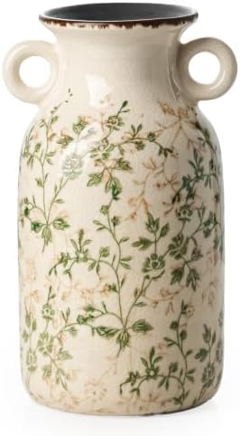 Ceramic Flower Vase with Handle for Home Decor, Vintage Green Vase 9.1 Inch - Image 7