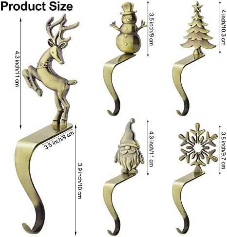 URATOT Christmas Stocking Holders Non-Slip Metal Stocking Hooks Mantel Stocking Holders Hanger in 5 Designs for Christmas Decoration, Bronze, Set of 5 - Image 2