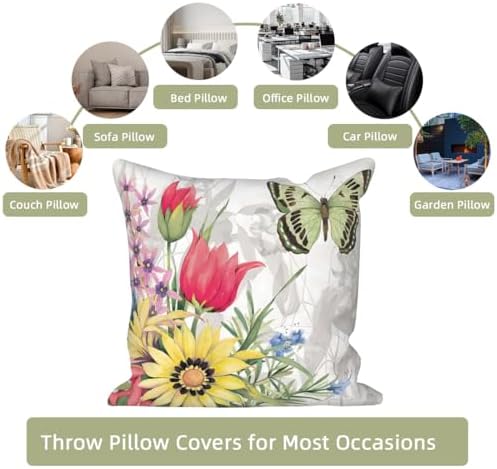 4 Pcs/Set Floral Pillow Covers Pink Yellow Flowers Green Leaves Butterflies Plants Geometric Vintage Throw Pillow Covers for Outdoor Home Couch Sofa Bedroom Farmhouse, 26"x26" - Image 7