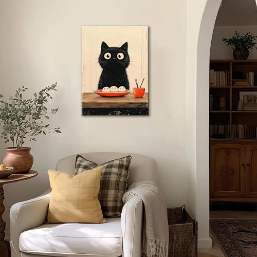 XYHYRA Framed Vintage Funny Black Cat Kitchen Wall Art, Cute Cartoon Cat with Rice Balls Canvas Print Painting, Japanese Food-Inspired Poster Picture for Dining Room Cafe Coffee Nook Decor 16x24 inch - Image 4