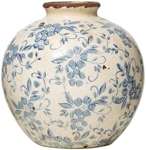 Creative Co-Op DF2720 8" H Terracotta Floral Transferware Pattern & Crackle Finish Vase, Blue - Image 3