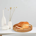 Round Rattan Serving Tray with Handles, Hand Woven Basket, Home Decor Organizer Tray for Breakfast, Tea, Snack, Fruit, Coffee,Storage (Large)(14.17inchX2.3inch) - Image 5
