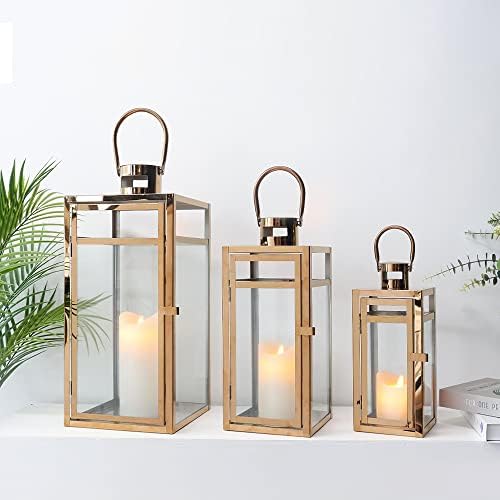 TRIROCKS Set of 3 Stainless Steel Candle Lantern 19/15/12'' High Metal Candle Holder with Tempered Glass Panels Perfect for Home Decor Living Room Parties Events Tabletop Indoors Outdoors (Rose Gold) - Image 3