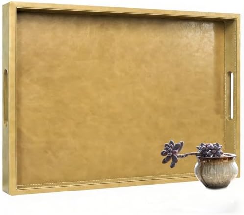 25x18 inches Leather Ottoman Serving Tray with Hole Handles, Rectangle Large Modern Service Tray for Living Room, Coffee Table, Bed, Tea, Food, Butler Countertop, Kitchen, Dinner, Picnic (Brown) by Unknown
