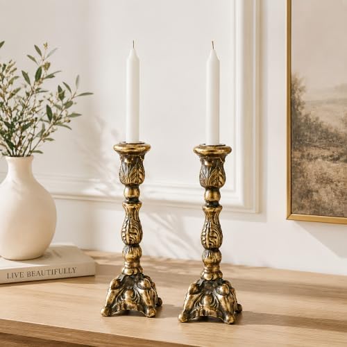Antique Gold Candle Holders Set of 2, Iron Taper Stands - Image 5