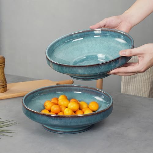 Ceramic Fruit Bowl for Kitchen Counter,Decorative Pedestal Bowl for Table Countertop,Large Footed Serving Bowl,10.2 Inch (Blue) - Image 4