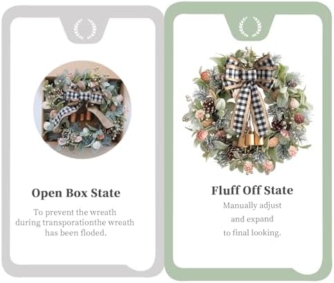22" Green lamb's Leaves Wreaths for Front Door Winter Wreath with Pine Cones Shells Satin Bow Bells,Artificial Wreath for Indoor Outdoor Farmhouse Home Porch Wall Window Festival Wedding Decor - Image 4