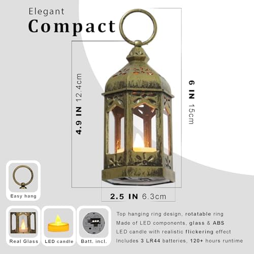 Mini Moroccan Lanterns with Flicker LED Candles Set of 12, Gold Vintage Decorative Hanging Lanterns for Ramadan, Christmas, Halloween, Wedding, Party, Table Centerpiece, ABS Plastic and Glass - Image 2