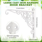 2 Pack Cast Iron Hanging Plant Bracket 12" Outdoor Wall Plant Hangers Hooks Heavy Duty Hanging Bracket Hooks Vintage Decorative Wall Hangers for Pots Bird Feeder Wind Chime Lantern (White) - Image 2