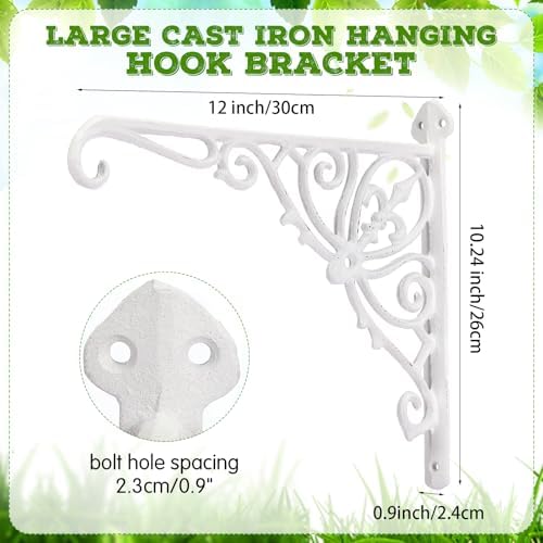 2 Pack Cast Iron Hanging Plant Bracket 12" Outdoor Wall Plant Hangers Hooks Heavy Duty Hanging Bracket Hooks Vintage Decorative Wall Hangers for Pots Bird Feeder Wind Chime Lantern (White) - Image 2