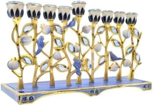 The Dreidel Company Hanukkah Menorah Enamel Pomegranate & Blue Bird Design, Hand-Painted Enameled Metal This Ornate 9 Branch Menorah Measures 12" High X 10" Wide - Image 7