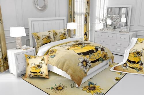 Erosebridal Yellow Bee Bedding Set,Sweet Honey Can Comforter Set for Teens Adult Women,Gerbera Floral Duvet Set 3Pcs with 2 Pillow Cases,Vintage Cartoon Microfiber Down Comforter,Full Size - Image 6