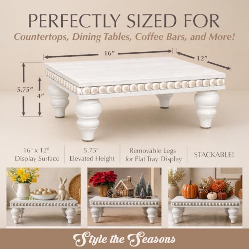 Felt Creative Home Goods Decorative Wood Risers for Decor | Tiered Tray Stand | Farmhouse Beaded Riser Stand for Decor | Wooden Pedestal Stand Large 12x16 Beaded Tray for Kitchen Coffee Bar (White) - Image 6