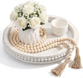 Mumufy 12" Round Decorative Tray with 58" Bead Garland, White Washed by Mumufy