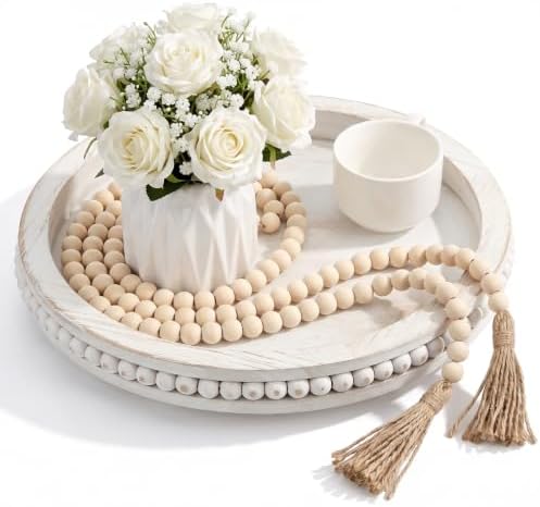 Mumufy 12" Round Decorative Tray with 58" Bead Garland, White Washed by Mumufy