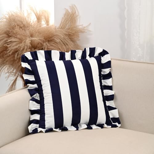 vctops Ruffle Square Throw Pillow Covers Boho Navy and White Striped Decorative Pillowcases Set of 2, Soft Velvet Accent Cushion Cover Cases for Sofa Bed Living Room Decor (Navy,18"x18") - Image 3