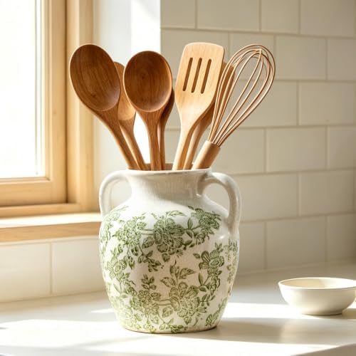 Ceramic Vase with Handles, Vintage Utensil Holder, Flower Decorative Vase Chinoiserie Decor Rustic Farmhouse Retro Floral Vases for Table Bookshelf Mantel Kitchen Living Room Office - 6.7” Green 018 - Image 7