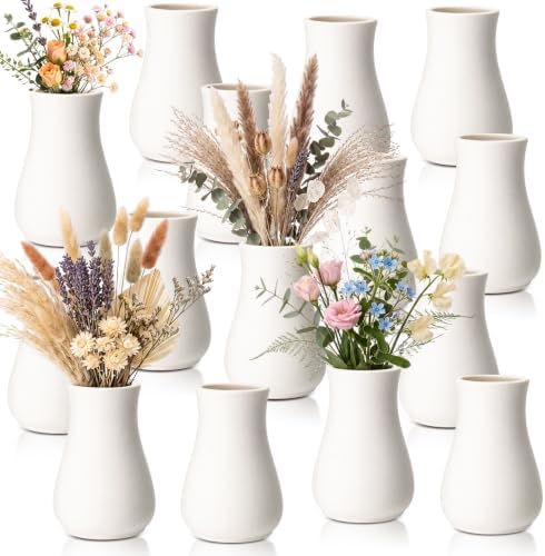 Tioncy 15 Pack White Ceramic Bud Vases Bulk Boho Small Flower Vase White Ceramic Vases for Centerpieces for Dry Flowers Pampas Grass Home Wedding Table Decor (3.9"*2.76", Minimalist) by Tioncy