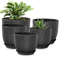 Plastic Plant Pots 10/9/8/7.5/7 inch Set of 5, Flower Planters with Drainage Holes and Saucers, Plastic Pots for Indoor Outdoor Plants, Livingroom Garden Decor (Black) by LesOasis