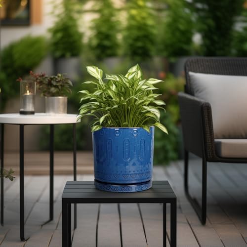 Eightpot Ceramic Planter - 8 Inch Plant Pot Indoor with Drainage Holes and Saucer Round Planter Outdoor Mid-Century Modern Flower Pot Succulent Pot for Home Decor Blue - Image 6