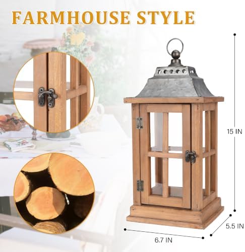 Bdor 15 Inch Outdoor Decorative Lanterns, Set of 2 Wooden Candle Lanterns - Image 2