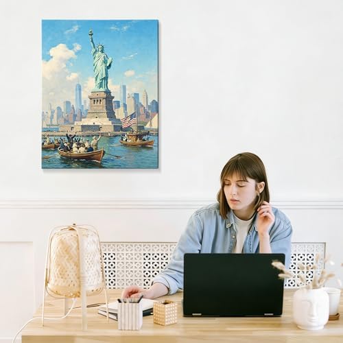 Patriotic Statue of Liberty Canvas Wall Art 4th of July New York Harbor Oil Painting USA Flag Vintage NYC Skyline Wall Decor Independence Day American Home Decor 16x24in - Image 7