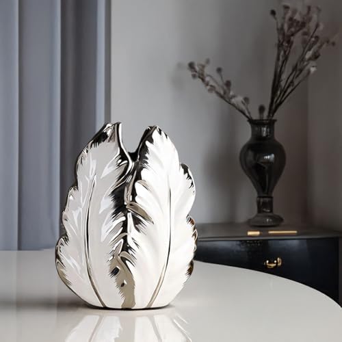 Silver Ceramic Vase 6.1 Inch, Modern Chrome Feather Decorative Vase - Image 2