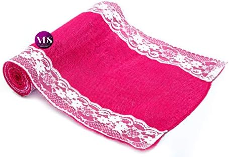 VDS Pack of 10, Burlap Table Runner with White Lace Edge, 100% Natural Jute Rustic Hessian Table Cloth Centerpiece for Wedding Birthday Party Banquet Table Decoration (Size 12X108 Inch)(Magenta) - Image 3