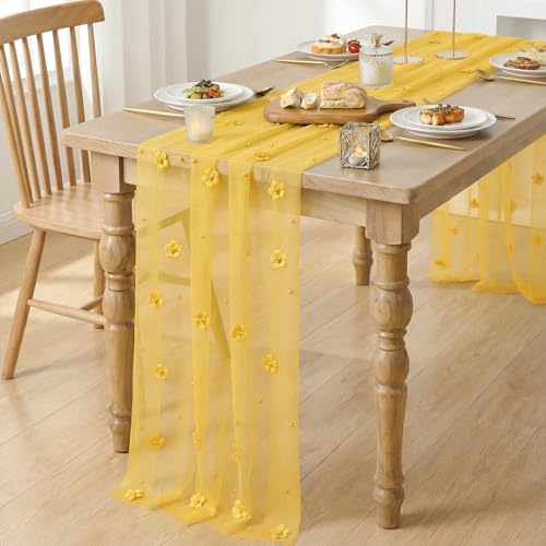 Artoid Mode Yellow Flower Pearl Yellow Gauze Table Runner 10FT 3PC, Seasonal Sheer Dining Holiday Wedding Birthday Baby Shower Table Decor for Home Party - Image 3