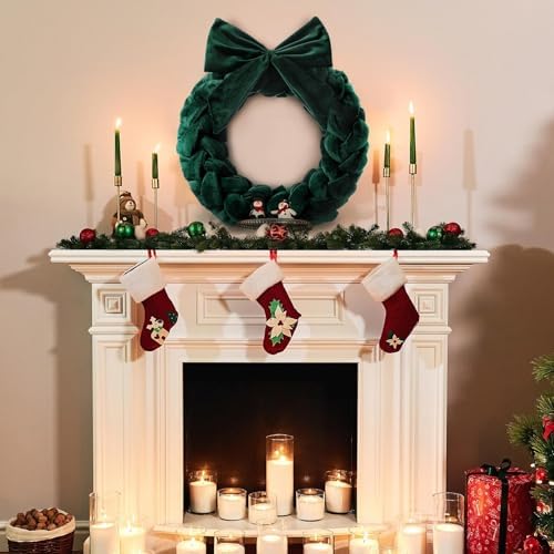 Soaoo 3 Christmas Velvet Wreaths 14" Christmas Wreaths for Front Door Velvet Ornament with Bow for Party Table Fireplaces Porch Walls New Year Home Decor(Green) - Image 3