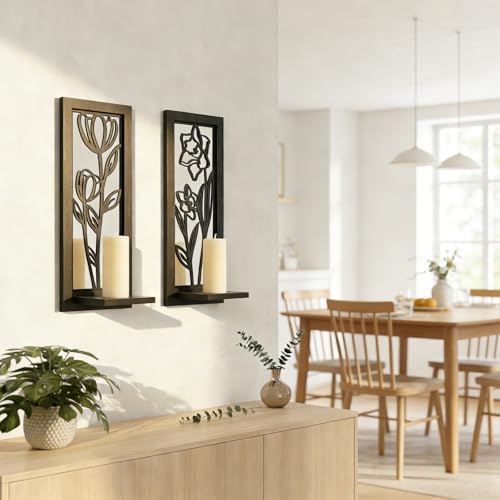 ZEXUIRU 2 Set Rustic Candle Sconces Living Room Bedroom Entryway Wood Mirrored, Farmhouse, Carved Frame Wall-Mount Wooden Candle Holders Wall Decor Hanging Handmade Holder - Black - Image 3
